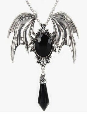 Gothic Bat Wing Pendant Necklace with Black Stone